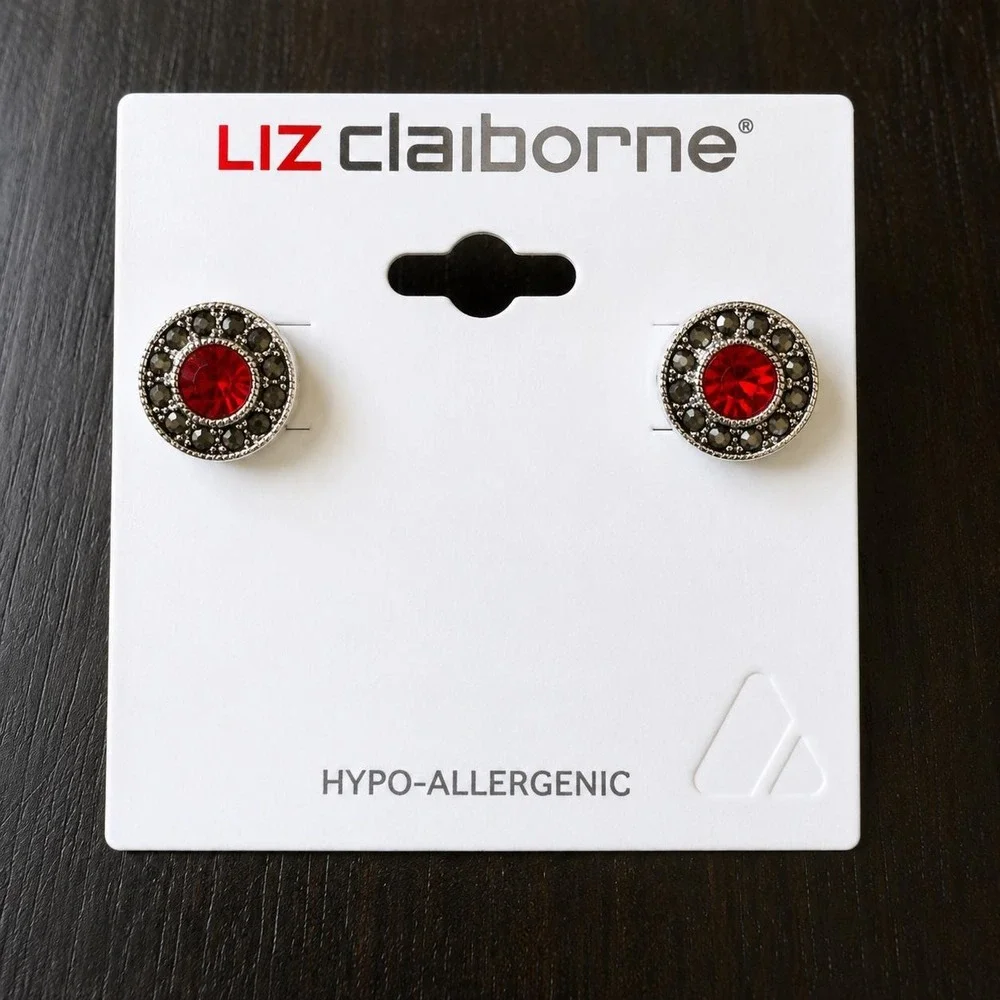 Vintage Liz Claiborne Red‎ Crystal Stud Earrings Sample One of a Kind 13mm